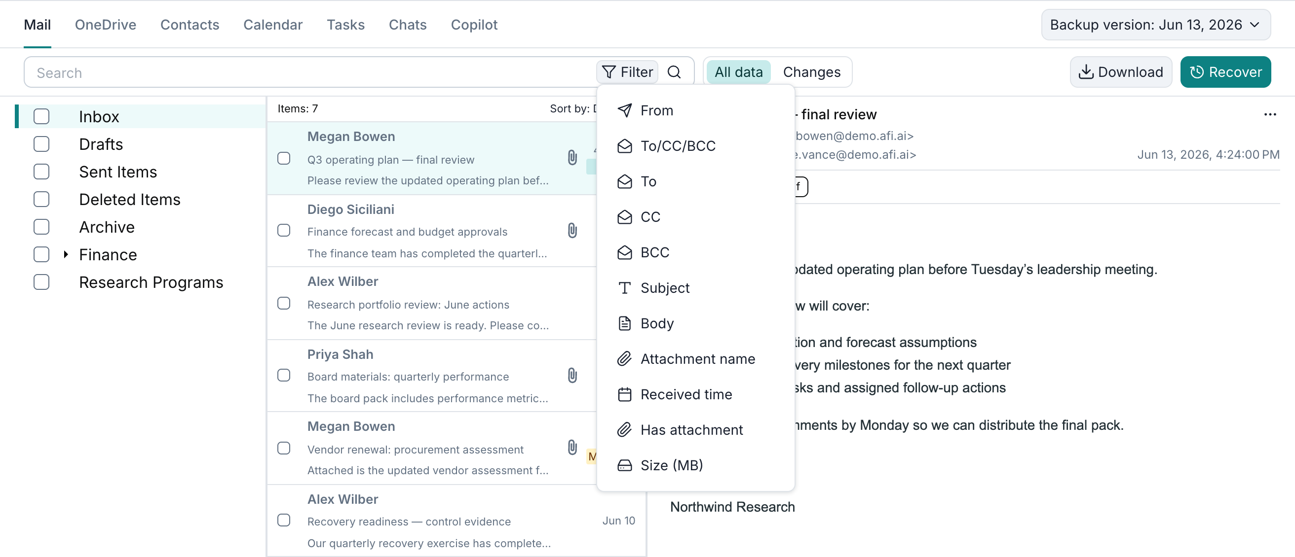 Search with the Filter menu open